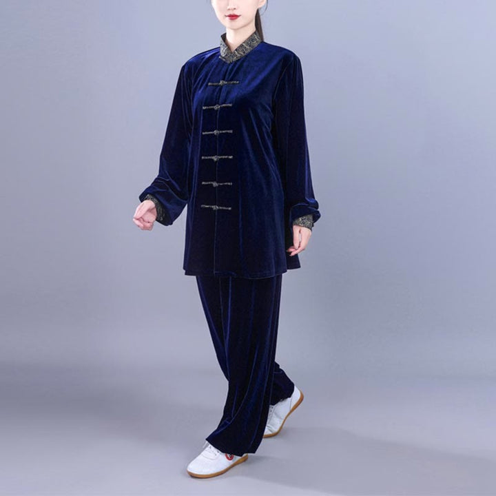 Buddha Stones 2 szt. Jesień Zima Tai Chi Qigong Pomyślne Chmury Stojący Kołnierz Żaba-Guzik Unisex Welur Medytacja Odzież Zestaw - image 14