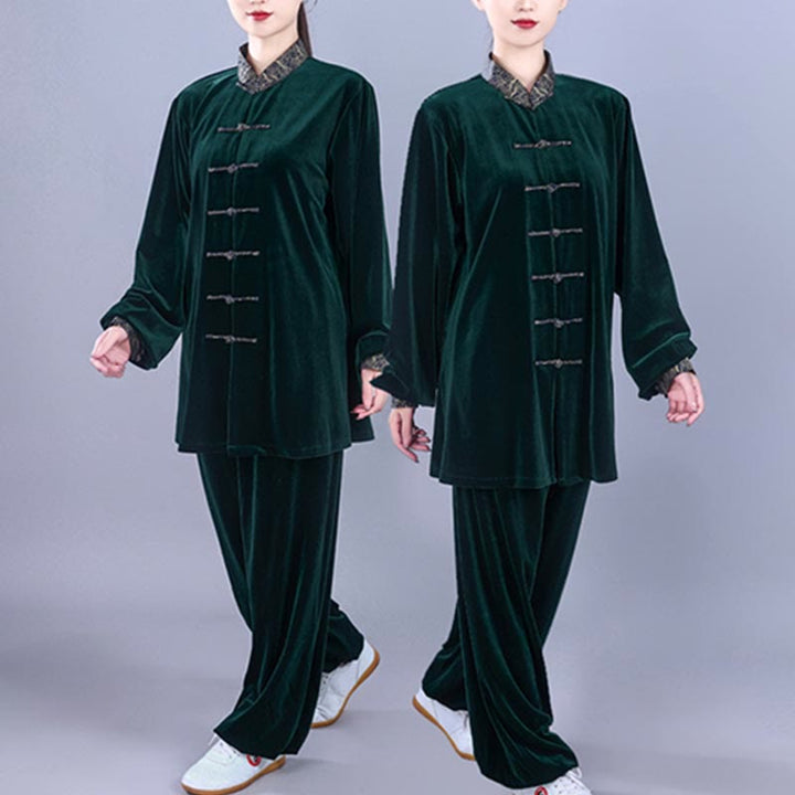 Buddha Stones 2 szt. Jesień Zima Tai Chi Qigong Pomyślne Chmury Stojący Kołnierz Żaba-Guzik Unisex Welur Medytacja Odzież Zestaw - image 17