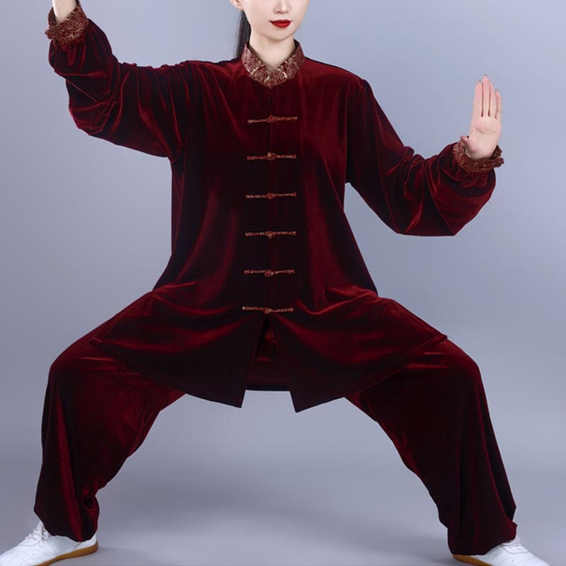 Buddha Stones 2 szt. Jesień Zima Tai Chi Qigong Pomyślne Chmury Stojący Kołnierz Żaba-Guzik Unisex Welur Medytacja Odzież Zestaw - Ciemnoczerwony - 3XL- PASUJE DO USA/UK/AU/EU- XL - image 0