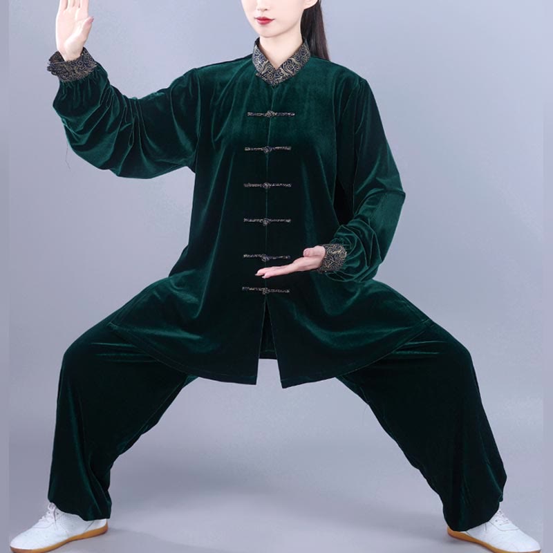 Buddha Stones 2 szt. Jesień Zima Tai Chi Qigong Pomyślne Chmury Stojący Kołnierz Żaba-Guzik Unisex Welur Medytacja Odzież Zestaw - SeaGreen - 3XL- PASUJE DO USA/UK/AU/EU- XL - image 15