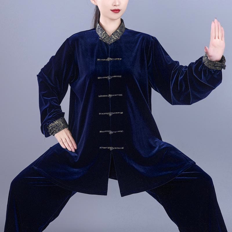 Buddha Stones 2 szt. Jesień Zima Tai Chi Qigong Pomyślne Chmury Stojący Kołnierz Żaba-Guzik Unisex Welur Medytacja Odzież Zestaw - image 12