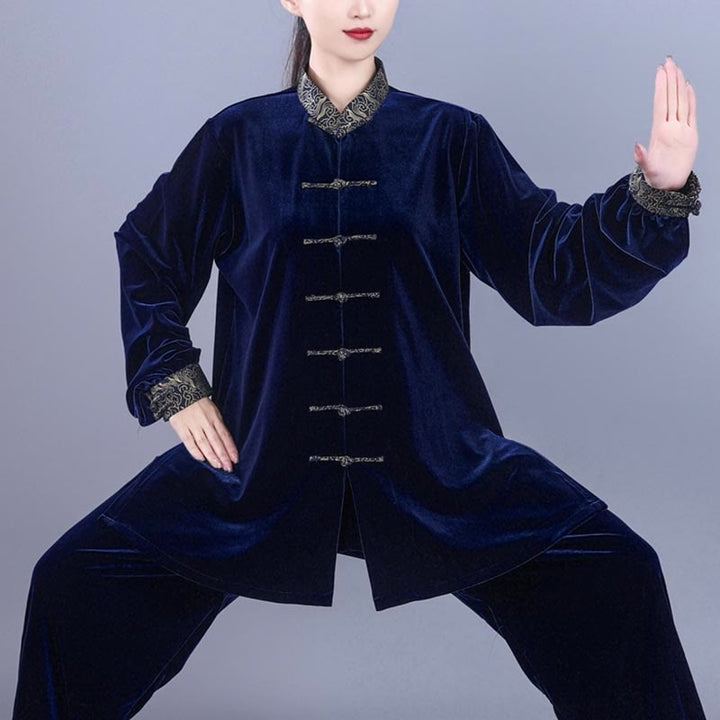 Buddha Stones 2 szt. Jesień Zima Tai Chi Qigong Pomyślne Chmury Stojący Kołnierz Żaba-Guzik Unisex Welur Medytacja Odzież Zestaw - image 12