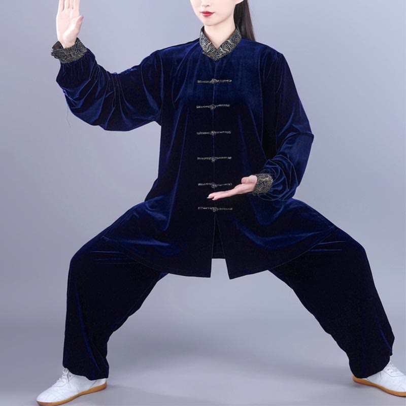 Buddha Stones 2 szt. Jesień Zima Tai Chi Qigong Pomyślne Chmury Stojący Kołnierz Żaba-Guzik Unisex Welur Medytacja Odzież Zestaw - MidnightBlue - 3XL- PASUJE DO USA/UK/AU/EU- XL - image 11