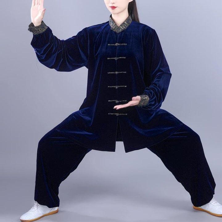 Buddha Stones 2 szt. Jesień Zima Tai Chi Qigong Pomyślne Chmury Stojący Kołnierz Żaba-Guzik Unisex Welur Medytacja Odzież Zestaw - MidnightBlue - 3XL- PASUJE DO USA/UK/AU/EU- XL - image 11