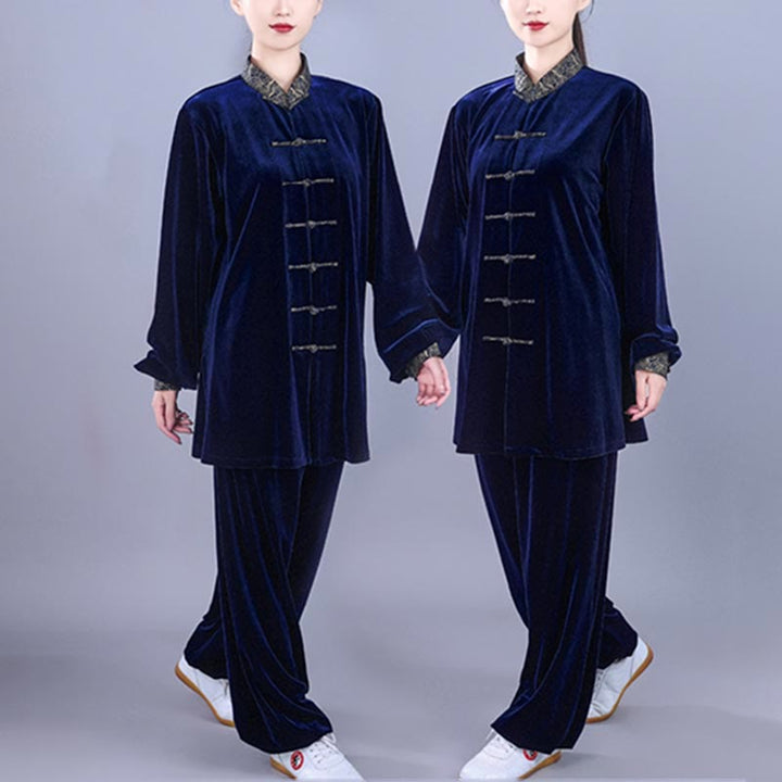 Buddha Stones 2 szt. Jesień Zima Tai Chi Qigong Pomyślne Chmury Stojący Kołnierz Żaba-Guzik Unisex Welur Medytacja Odzież Zestaw - image 13