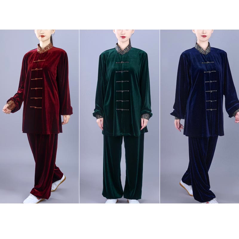 Buddha Stones 2 szt. Jesień Zima Tai Chi Qigong Pomyślne Chmury Stojący Kołnierz Żaba-Guzik Unisex Welur Medytacja Odzież Zestaw - image 22