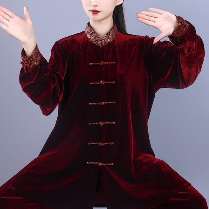 Buddha Stones 2 szt. Jesień Zima Tai Chi Qigong Pomyślne Chmury Stojący Kołnierz Żaba-Guzik Unisex Welur Medytacja Odzież Zestaw - image 2