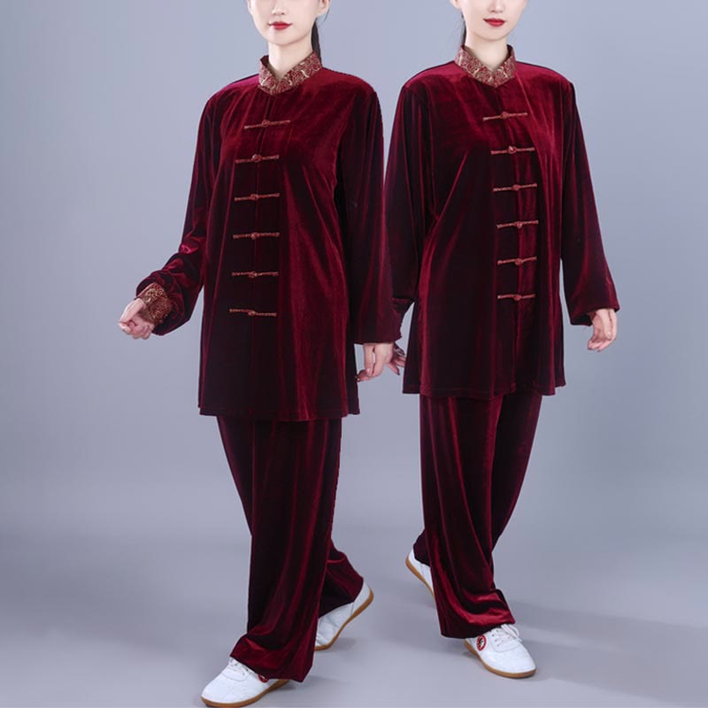 Buddha Stones 2 szt. Jesień Zima Tai Chi Qigong Pomyślne Chmury Stojący Kołnierz Żaba-Guzik Unisex Welur Medytacja Odzież Zestaw - image 3