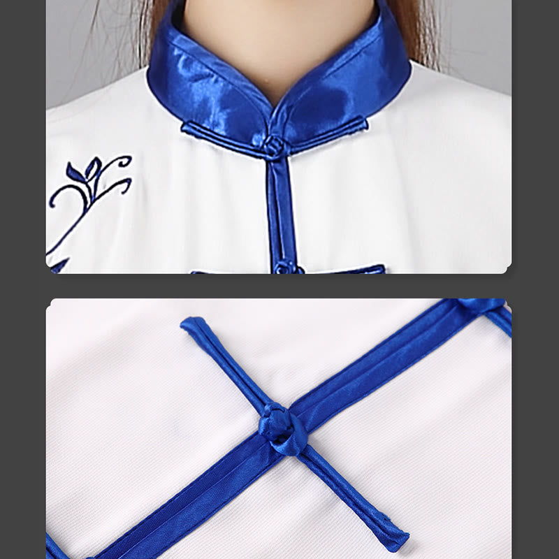 Buddha Stones 2 szt. Jesienne niebieskie haftowane kwiaty żaba-guzik Tai Chi medytacja Qigong Zen praktyka Unisex bawełniany zestaw ubrań