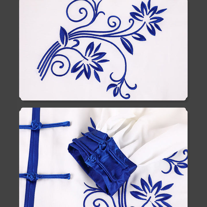 Buddha Stones 2 szt. Jesienne niebieskie haftowane kwiaty żaba-guzik Tai Chi medytacja Qigong Zen praktyka Unisex bawełniany zestaw ubrań