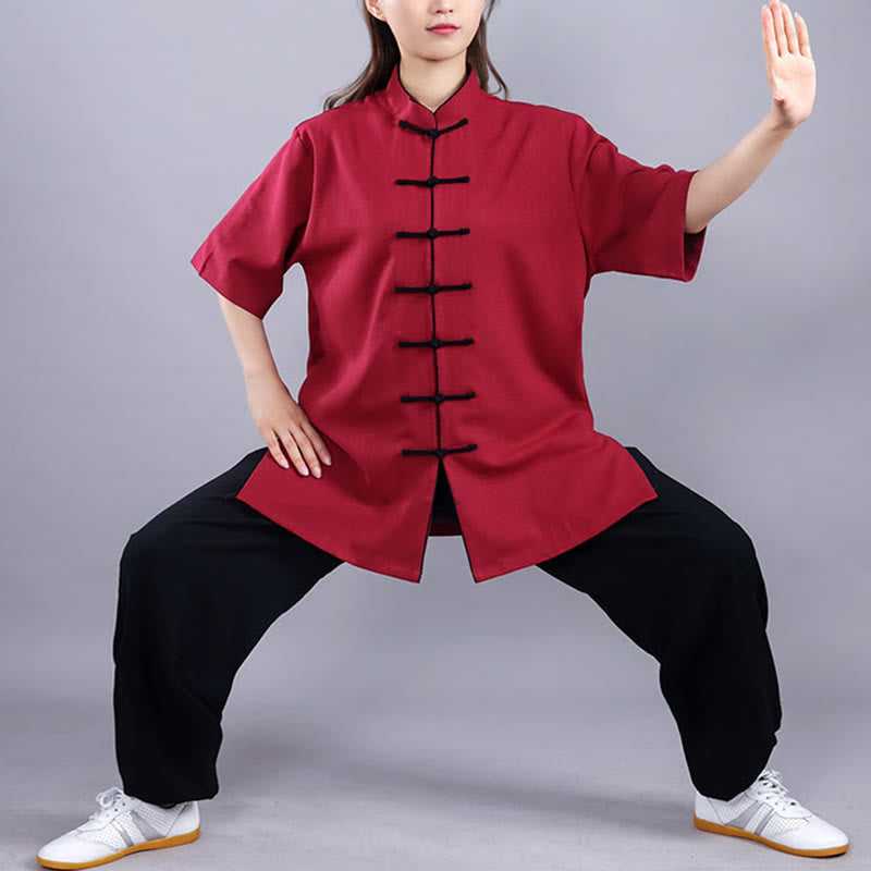 Buddha Stones 2 szt. Jesień Zima Żaba-Guzik Tai Chi Medytacja Qigong Zen Praktyka Unisex Bawełna Lniany Zestaw Ubrań - Krótki rękaw w kolorze czerwonego wina - 3XL- PASUJE DO USA/UK/AU/EU- XL - image 11