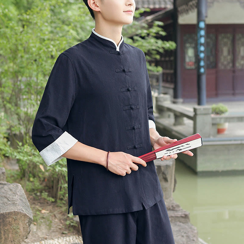 Buddha Stones 2 szt. Jesienny męski garnitur Tang z żabą i guzikami, bawełniany, z rękawem trzy czwarte, spodnie, zestaw