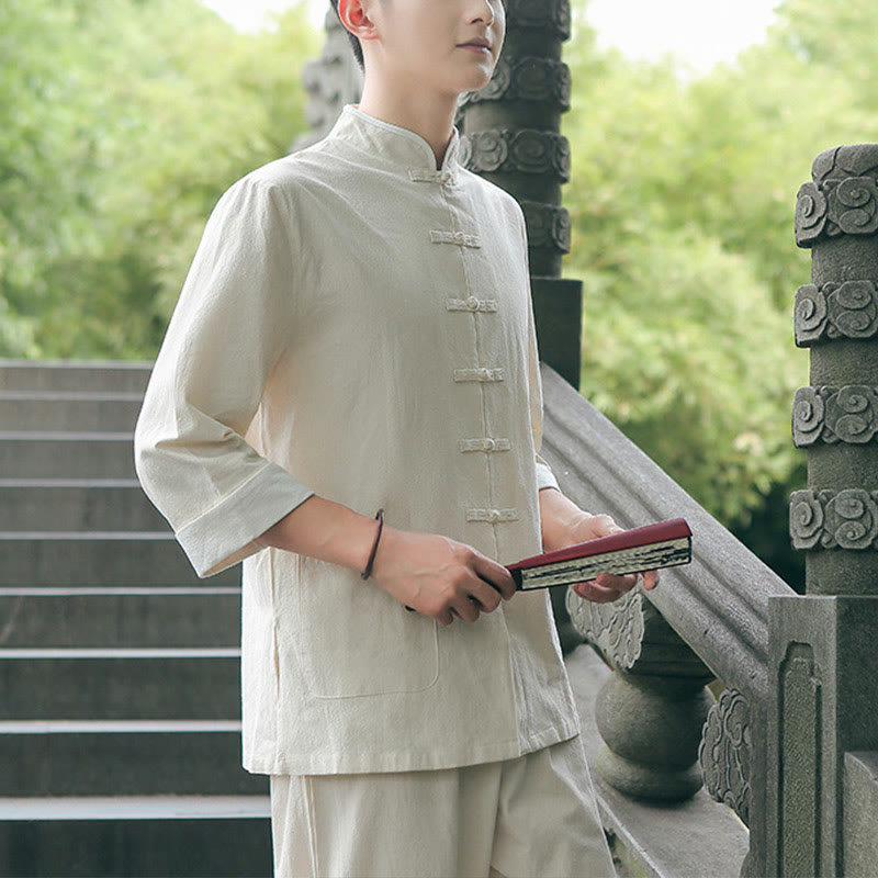 Buddha Stones 2 szt. Jesienny męski garnitur Tang z żabą i guzikami, bawełniany, z rękawem trzy czwarte, spodnie, zestaw