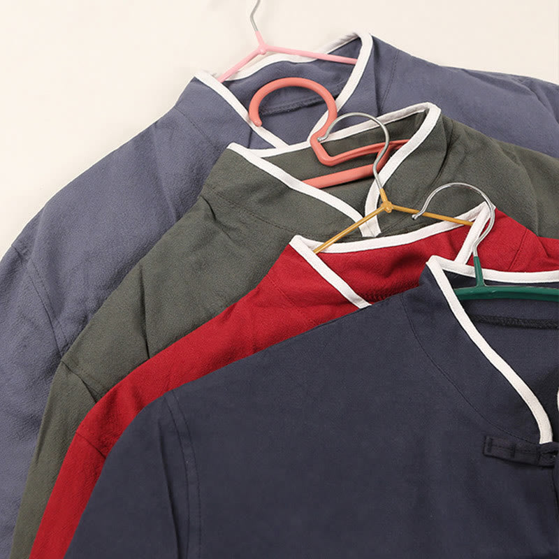 Buddha Stones 2 szt. Jesienny męski garnitur Tang z żabą i guzikami, bawełniany, z rękawem trzy czwarte, spodnie, zestaw