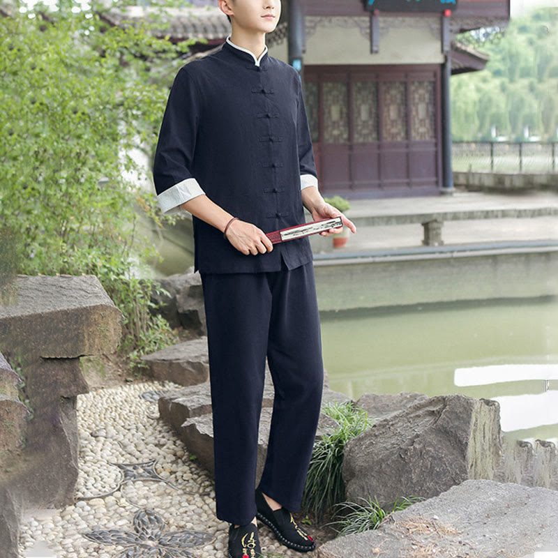 Buddha Stones 2 szt. Jesienny męski garnitur Tang z żabą i guzikami, bawełniany, z rękawem trzy czwarte, spodnie, zestaw