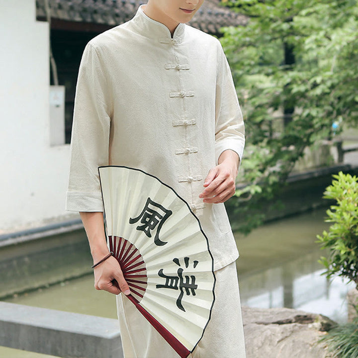 Buddha Stones 2 szt. Jesienny męski garnitur Tang z żabą i guzikami, bawełniany, z rękawem trzy czwarte, spodnie, zestaw