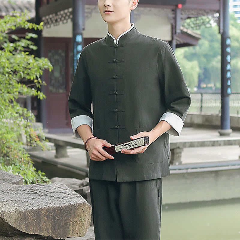 Buddha Stones 2 szt. Jesienny męski garnitur Tang z żabą i guzikami, bawełniany, z rękawem trzy czwarte, spodnie, zestaw