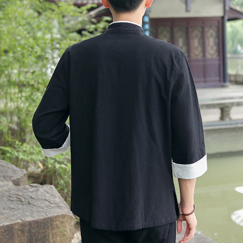 Buddha Stones 2 szt. Jesienny męski garnitur Tang z żabą i guzikami, bawełniany, z rękawem trzy czwarte, spodnie, zestaw