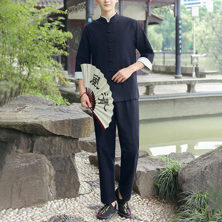 Buddha Stones 2 szt. Jesienny męski garnitur Tang z żabą i guzikami, bawełniany, z rękawem trzy czwarte, spodnie, zestaw