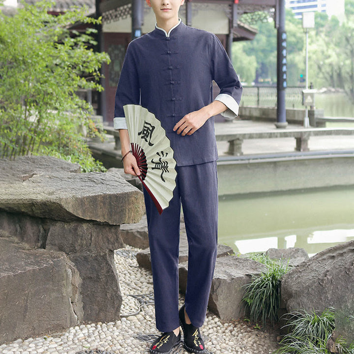 Buddha Stones 2 szt. Jesienny męski garnitur Tang z żabą i guzikami, bawełniany, z rękawem trzy czwarte, spodnie, zestaw