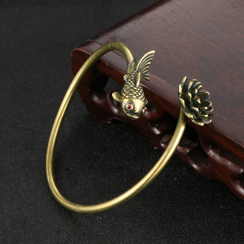 Buddha Stones Kwiat Lotosu Ryba Koi Miedź Mosiądz Oświecenie Szczęście Bransoletka Bangle