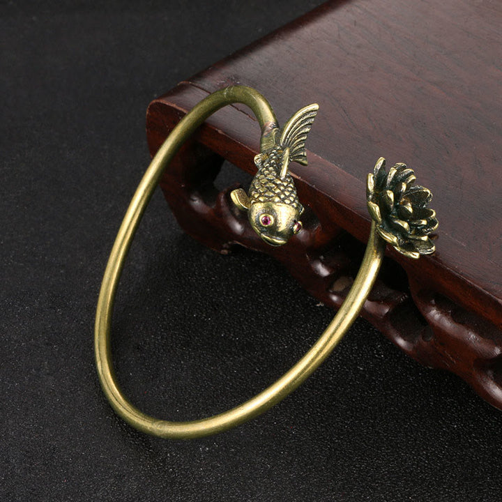 Buddha Stones Kwiat Lotosu Ryba Koi Miedź Mosiądz Oświecenie Szczęście Bransoletka Bangle