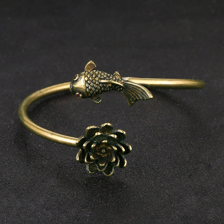 Buddha Stones Kwiat Lotosu Ryba Koi Miedź Mosiądz Oświecenie Szczęście Bransoletka Bangle