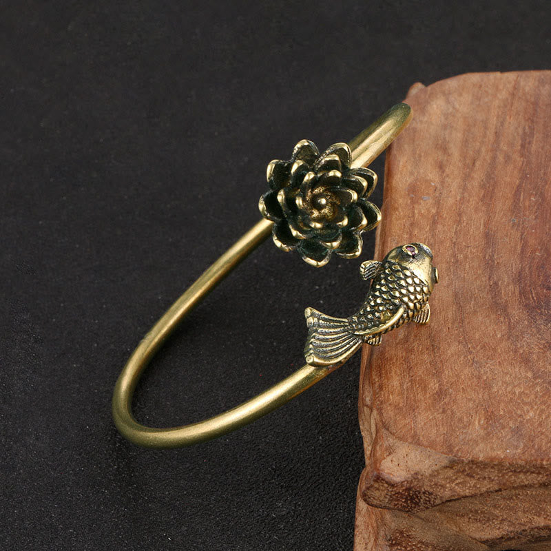 Buddha Stones Kwiat Lotosu Ryba Koi Miedź Mosiądz Oświecenie Szczęście Bransoletka Bangle