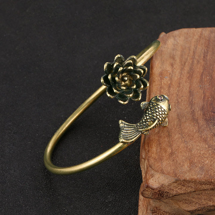 Buddha Stones Kwiat Lotosu Ryba Koi Miedź Mosiądz Oświecenie Szczęście Bransoletka Bangle