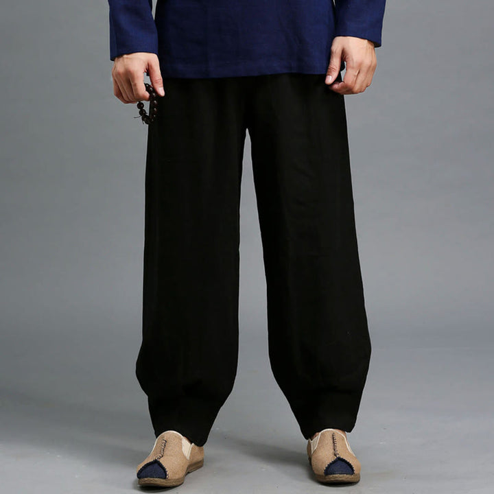 Buddha Stones Casualowe Jednokolorowe Elastyczne Spodnie Męskie Z Sznurkiem Ściąganym Ramie Lniane Z Kieszeniami - image 19