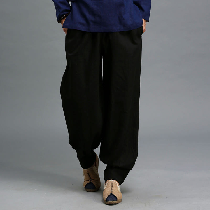 Buddha Stones Casualowe Jednokolorowe Elastyczne Spodnie Męskie Z Sznurkiem Ściąganym Ramie Lniane Z Kieszeniami - image 21