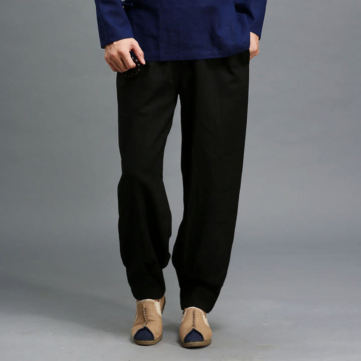 Buddha Stones Casualowe Jednokolorowe Elastyczne Spodnie Męskie Z Sznurkiem Ściąganym Ramie Lniane Z Kieszeniami - image 20