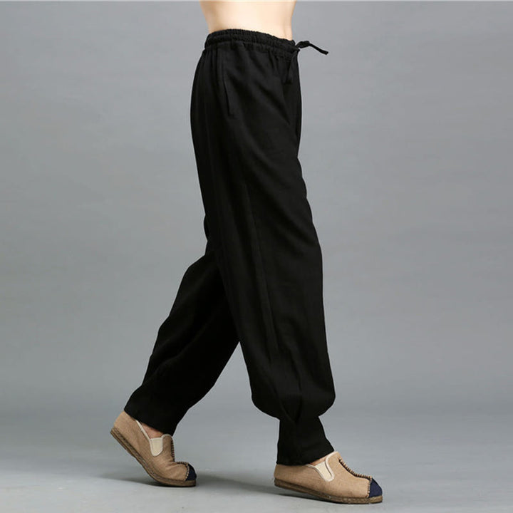 Buddha Stones Casualowe Jednokolorowe Elastyczne Spodnie Męskie Z Sznurkiem Ściąganym Ramie Lniane Z Kieszeniami - image 18