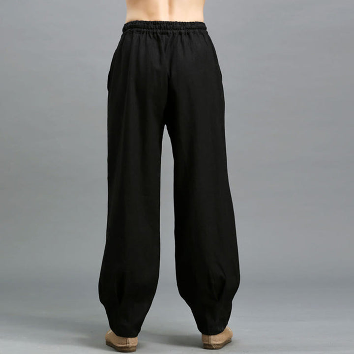 Buddha Stones Casualowe Jednokolorowe Elastyczne Spodnie Męskie Z Sznurkiem Ściąganym Ramie Lniane Z Kieszeniami - image 15