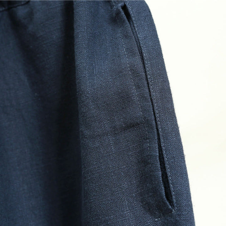 Buddha Stones Casualowe Jednokolorowe Elastyczne Spodnie Męskie Z Sznurkiem Ściąganym Ramie Lniane Z Kieszeniami - image 25