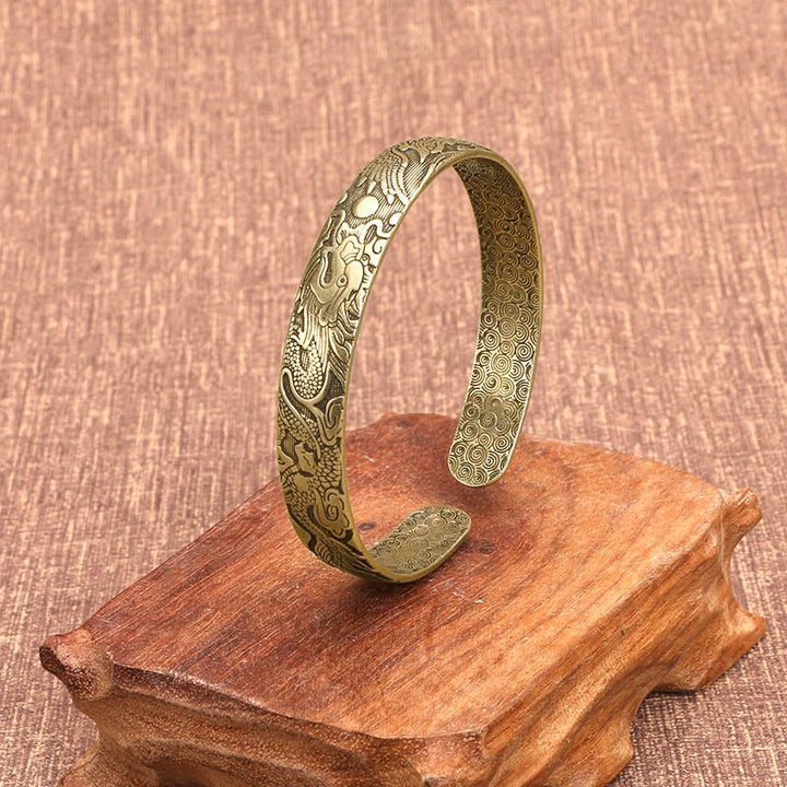 Buddha Stones Smok i Feniks bawiący się perłą Rzeźbiona miedź Mosiądz Ochrona Szczęścia Bransoletka Bangle