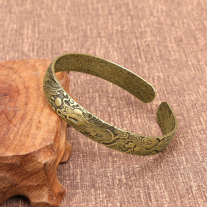 Buddha Stones Smok i Feniks bawiący się perłą Rzeźbiona miedź Mosiądz Ochrona Szczęścia Bransoletka Bangle