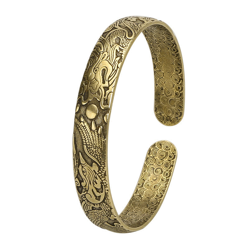 Buddha Stones Smok i Feniks bawiący się perłą Rzeźbiona miedź Mosiądz Ochrona Szczęścia Bransoletka Bangle