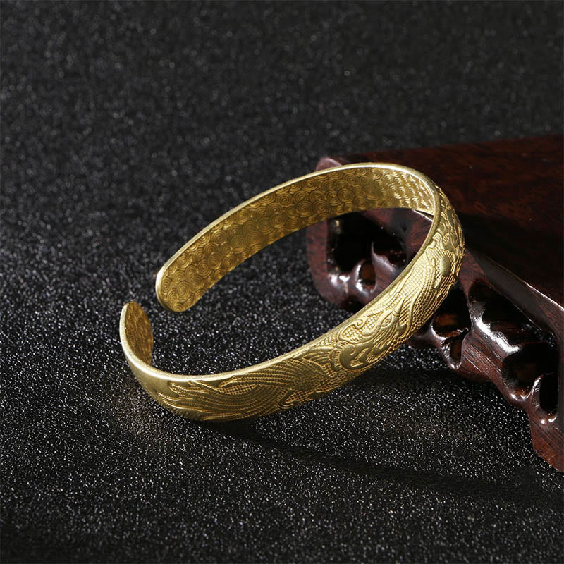 Buddha Stones Smok i Feniks bawiący się perłą Rzeźbiona miedź Mosiądz Ochrona Szczęścia Bransoletka Bangle