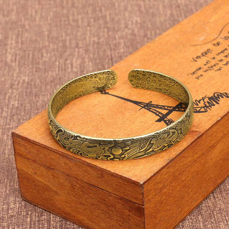 Buddha Stones Smok i Feniks bawiący się perłą Rzeźbiona miedź Mosiądz Ochrona Szczęścia Bransoletka Bangle