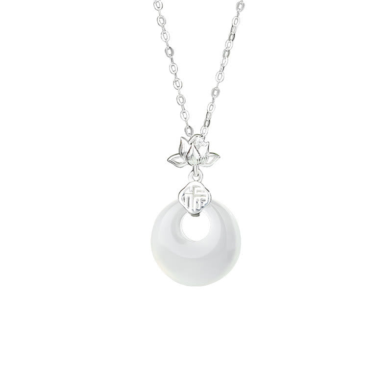 Buddha Stones Chalcedon 925 Srebro Sterling Kwiat Lotosu Fu Charakter Pokoju Klamra Pozytywny Naszyjnik Wisiorek - image 1