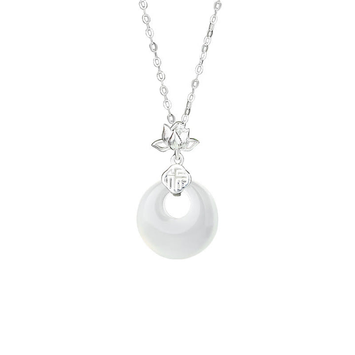 Buddha Stones Chalcedon 925 Srebro Sterling Kwiat Lotosu Fu Charakter Pokoju Klamra Pozytywny Naszyjnik Wisiorek - image 1