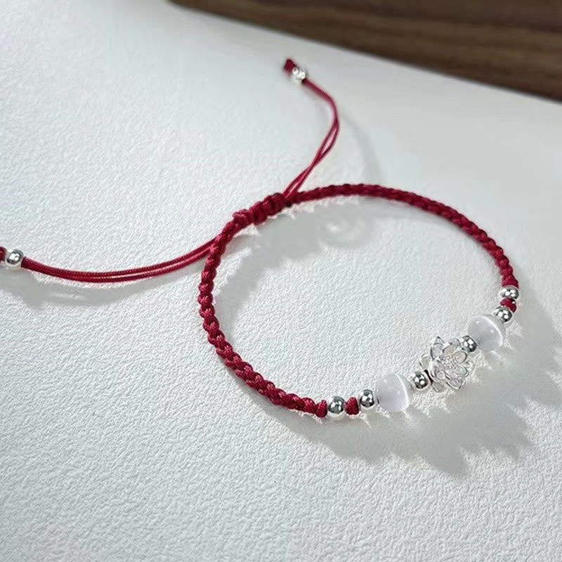 Bransoletka z Buddha Stones 999 Srebro Sterlingowe Wzór Lotosu Kocie Oko Ochrona Sznurka