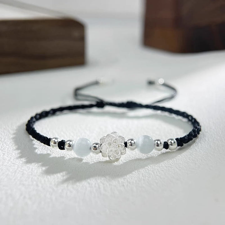 Bransoletka z Buddha Stones 999 Srebro Sterlingowe Wzór Lotosu Kocie Oko Ochrona Sznurka