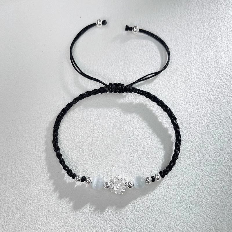 Bransoletka z Buddha Stones 999 Srebro Sterlingowe Wzór Lotosu Kocie Oko Ochrona Sznurka