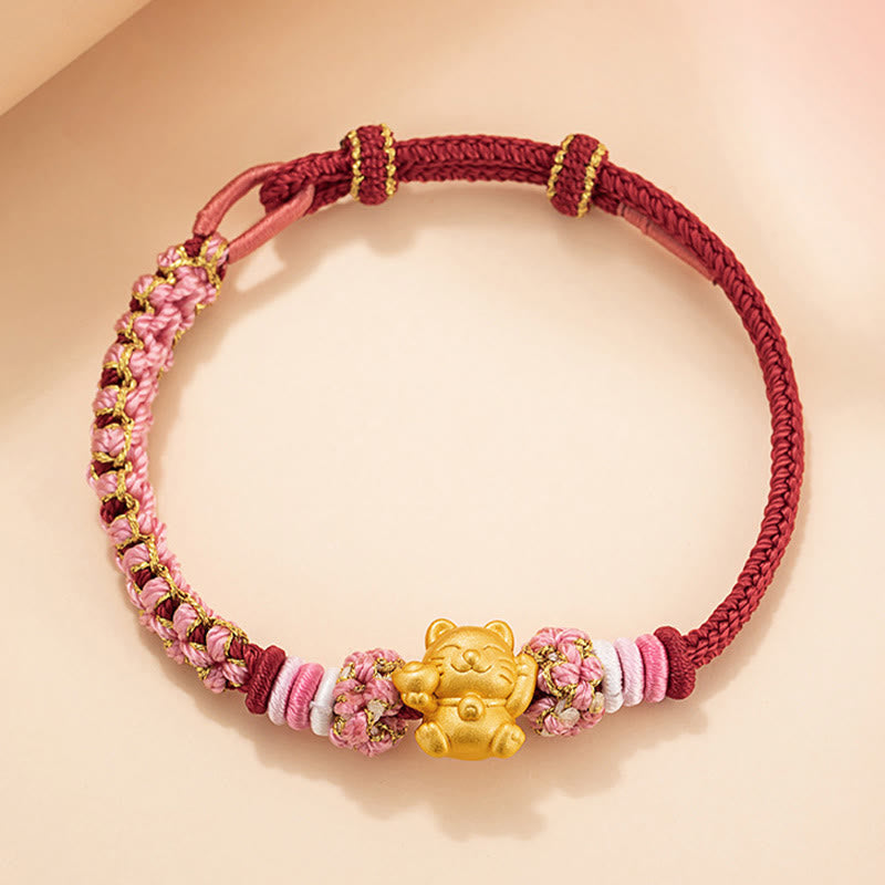 Buddha Stones Ręcznie robione 999 Srebro Sterlingowe Fortune Cat Ingot Peach Blossom Luck Bransoletka z Czerwonej Linii - image 2