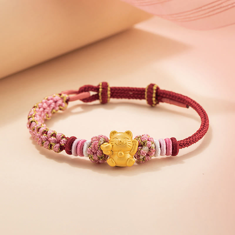 Buddha Stones Ręcznie robione 999 Srebro Sterlingowe Fortune Cat Ingot Peach Blossom Luck Bransoletka z Czerwonej Linii - Czerwona lina (obwód nadgarstka 14-19 cm) - image 1