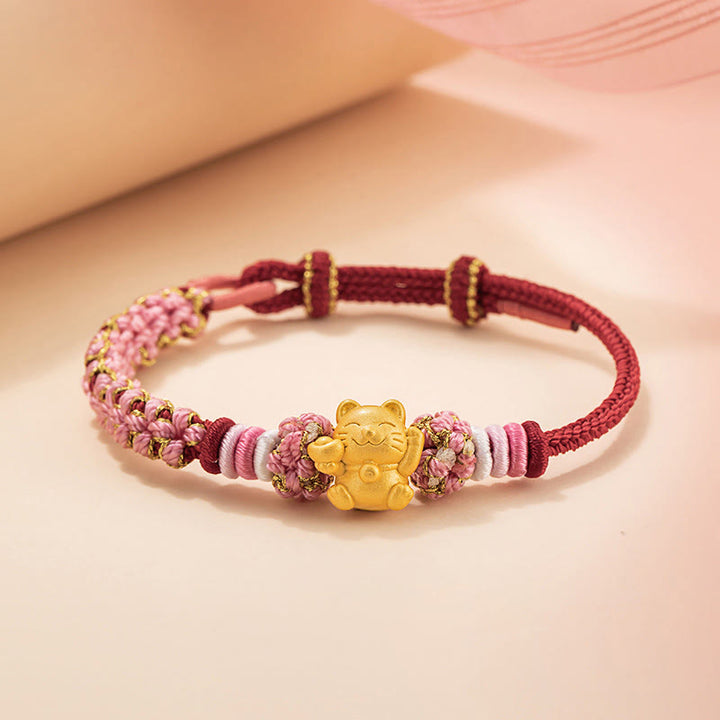 Buddha Stones Ręcznie robione 999 Srebro Sterlingowe Fortune Cat Ingot Peach Blossom Luck Bransoletka z Czerwonej Linii - Czerwona lina (obwód nadgarstka 14-19 cm) - image 1