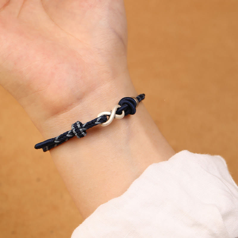 Buddha Stones Ręcznie robione 999 Srebro Sterlingowe Nieskończony Węzeł Symbol Szczęścia Bransoletka Lina