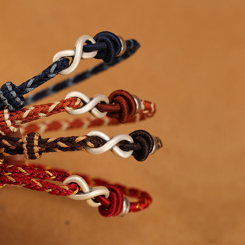 Buddha Stones Ręcznie robione 999 Srebro Sterlingowe Nieskończony Węzeł Symbol Szczęścia Bransoletka Lina